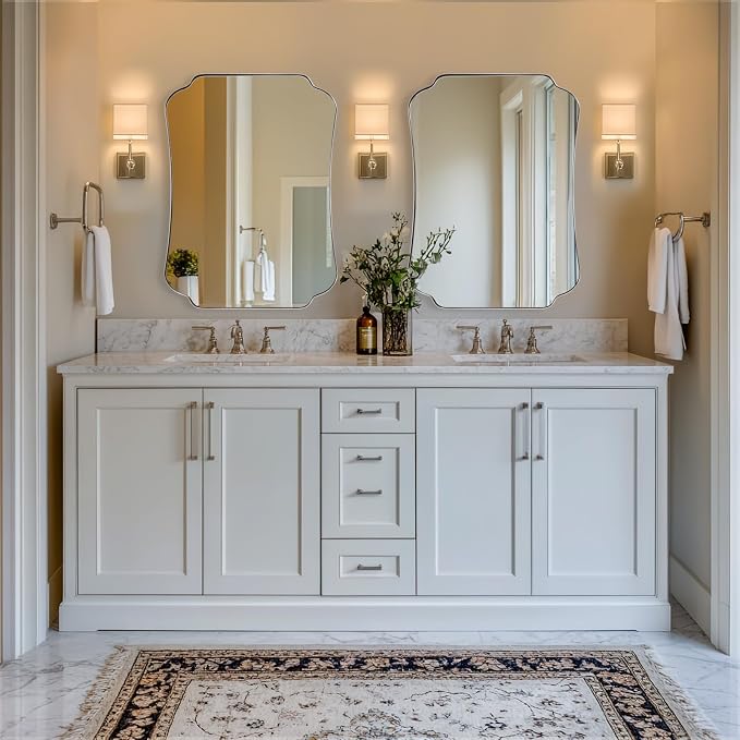ANDY STAR 26"x38" Brushed Nickel Mirror, Scalloped Bathroom Wall Mirror with Metal Frame for Vanity, Scalloped Edge Design for Entryway, Living Room & Bedroom