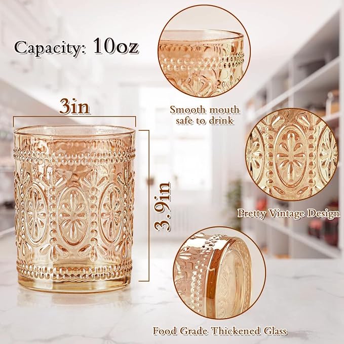 Darlion 6 Pack Amber Glassware Set, 10oz Vintage Drinking Glasses, Colored Water Glasses, Amber Embossed Glass Cups for Party Wedding Home Office Gift