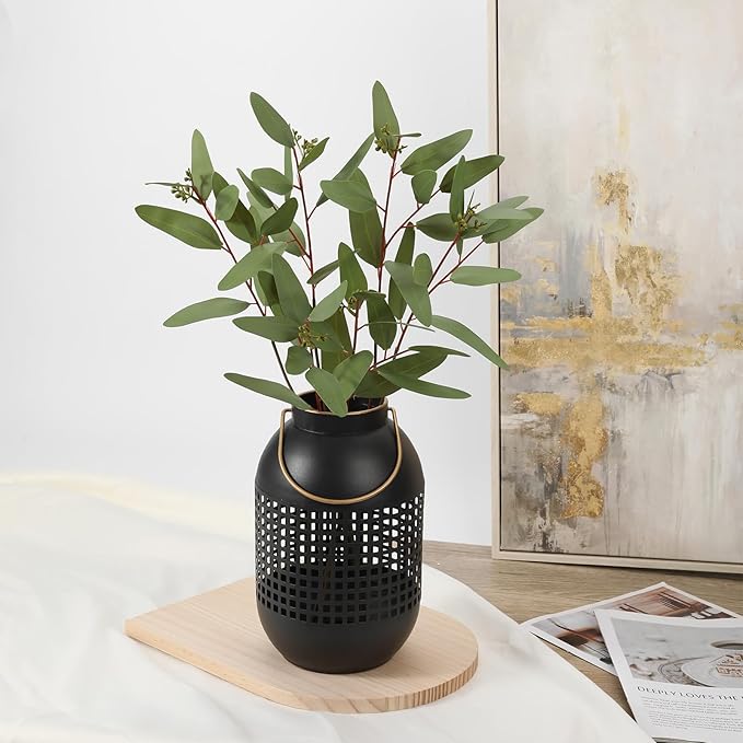 Flower Vase Rustic Metal Vase, 13.8" Black Lantern Vase with Handle for Farmhouse Home Décor Artificial Flowers and Centerpieces
