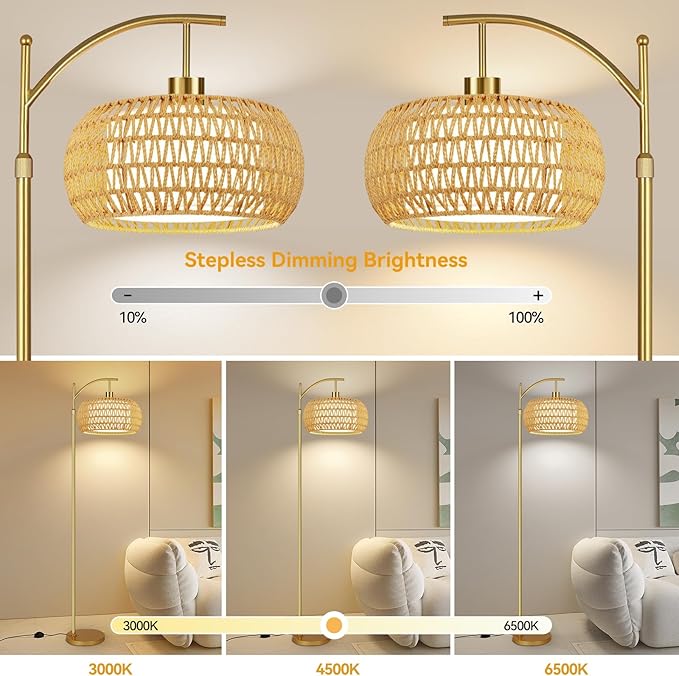 ZECOXOL Gold Floor Lamps for Living Room Rattan Boho Floor Lamp with Remote Control & 3 Color Temperature,Dimmable Arc Floor Lamps Brass Standing Lamp Tall Floor Lamp for Bedroom Living Room Corner