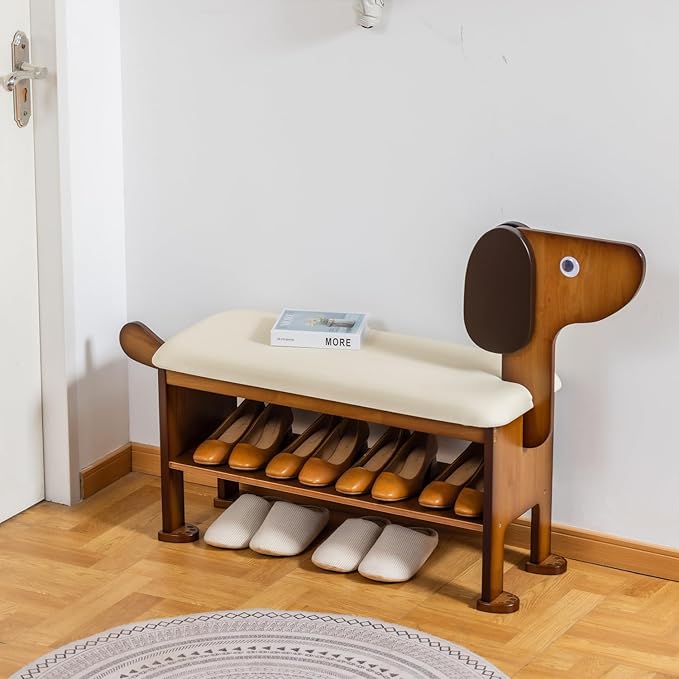 SOBIBO Shoe Bench with Cushion, 2-Tier Dog Entryway Bench Cute, Wood Shoe Rack Bench,31.5 inches