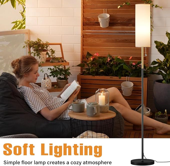 Ambimall 64'' Floor Lamp for Living Room with 3 Color Temperatures Bulb, Minimalist Pole Lamp, White Lampshade, Black & Gold Pole