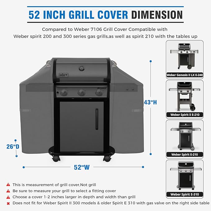KINGLY Heavy Duty 52 Inch Grill Cover for Weber Spirit 200 and 300 Series,600D Waterproof Fade Resistant 52 Inch BBQ Gas Grill Cover for Outdoor Grill with Straps,Compared to Weber 7106