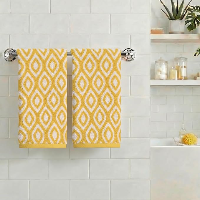 Artoid Mode 2 Pcs Beige Yellow Diamond Grid Jacquard Hand Towels for Bathroom, 100% Cotton Soft Absorbent Bathroom Decor Towels, 13.7 x 29.5 Inch