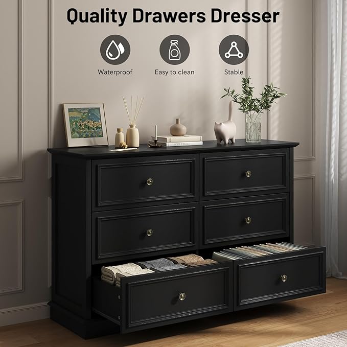 Modern 6 Drawer Dresser, Vintage Chest of Drawers with Metal Handle, Wooden Closet Dresser with Deep Drawers, for Living Room, Hallway, Black