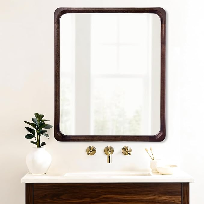 Tanmicoshomy Wood Bathroom Mirrors for Wall 30 x 40 Inch, Large Mirrors with Tempered Glass for Living Room Bedroom Office or Entryway(Dark Brown)