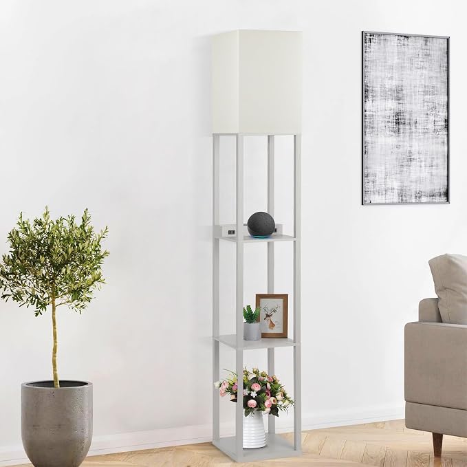 Mlambert Modern Shelf Floor Lamp with Wireless Charger & Fast Charging USB Ports & Type C Port & 2 Power Outlets,3 Tier Storage Lamp for Bedroom,Grey