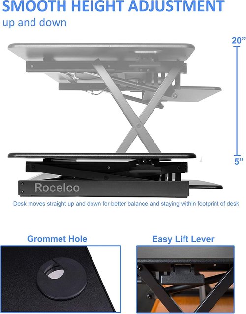 Rocelco 46" Large Height Adjustable Standing Desk Converter - Quick Sit-Stand Triple Monitor Riser | Black