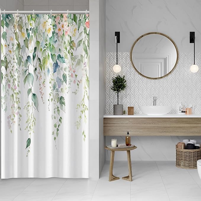 Sage Green Eucalyptus Shower Curtain Watercolor Botanical Floral Leaves Shower Curtain Set Spring Nature Bathroom Decor with 10 Hooks,54x72 Inches