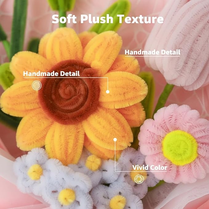 Hand-Woven Flower Bouquet Finished（1pcs） for Mother Girlfriend Birthday Gift Wedding Decoration Crochet Artificial Flower, Bouquet Gift (Sunflower Pink)