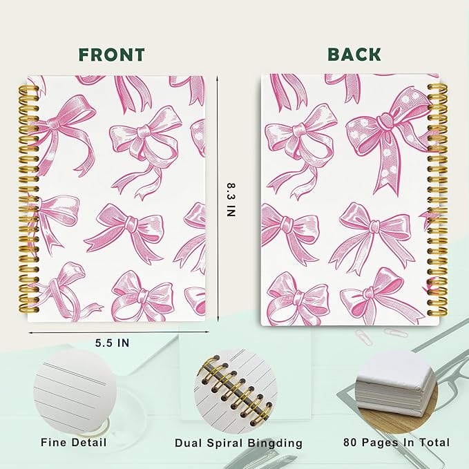 JKMBN Trendy Coquette Pink Bow Jonrnaling Notebooks, Aesthetic Spiral Notebook for Girls, Preppy Pink Journal Notebook, Pink Office Supplies, Hardcover Spiral Notebooks College Ruled 5.5 x 8.3