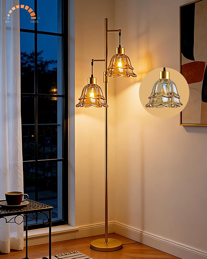 Lightdot 65IN Gold Flower Floor Lamp for Living Room, 2-Light Dimmable with Amber Glass Lampshade, 3000K Warm White Modern Standing Tall Lamp with 5Lbs Heavy Base for Bedroom Sofa Beside Corner Decor