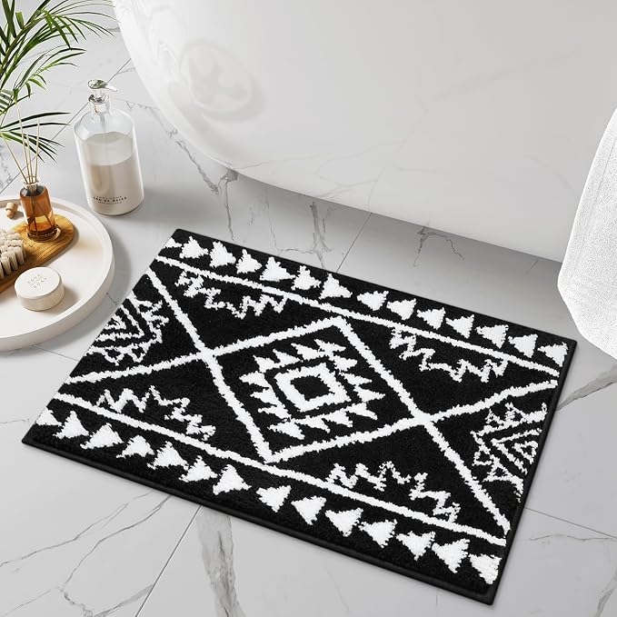 Uphome Boho Bathroom Rugs Black Tribal Bath Mat Western Non-Slip Absorbent Bath Rug Plush Soft Farmhouse Geometric Bathroom Floor Mat for Shower Toilet Tub, 18x26 inch
