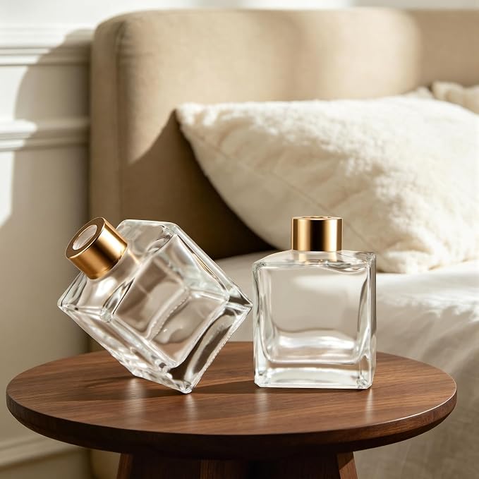 Squre Glass Diffuser Bottles with Gold Caps, Set of 4-3.7" High,200ml 6.7 fl oz. Fragrance Accessories Use for DIY Replacement Reed Diffuser Sets