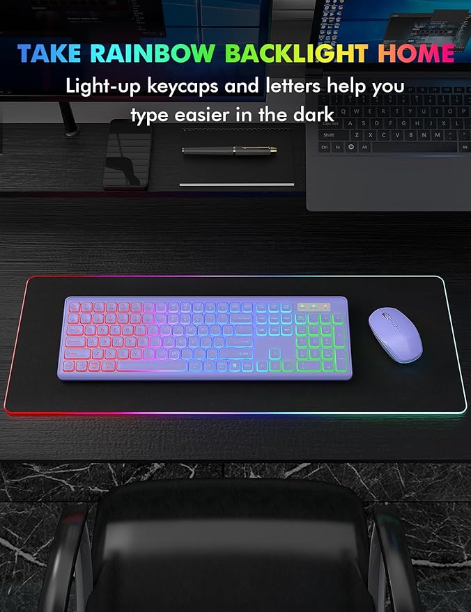 Wireless Keyboard and Mouse Combo, RGB Backlit, Rechargeable & Light Up Letters, Full-Size, Soft Typing, Sleep Mode, 2.4GHz Quiet Keyboard Set for Mac, Windows, Laptop, PC, Trueque (Purple)