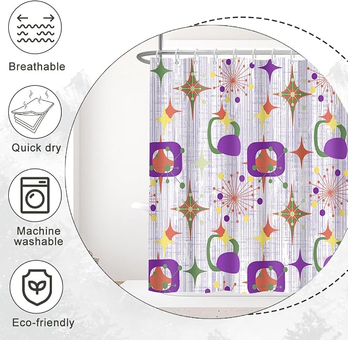 Mid Century Shower Curtain, 72x84inch, Modern Abstract Retro Purple Striped Geometric Shower Curtain Sets 1950s Boho Bathroom Shower Curtain with 12 Hooks