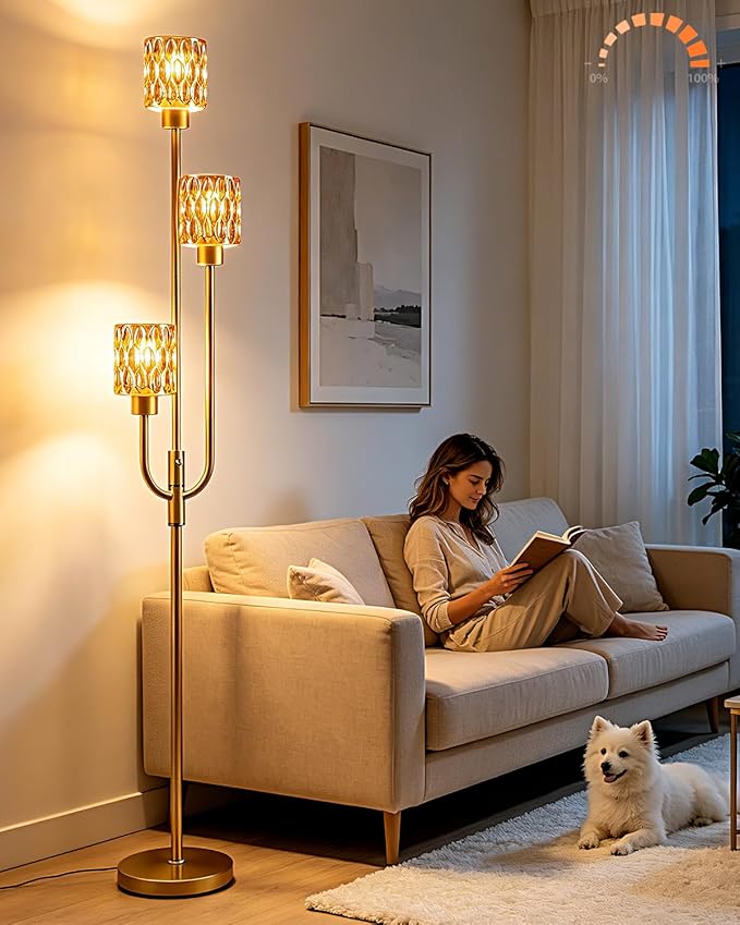 66IN Glass Floor Lamp 3-Lights Modern Gold Dimmable Floor Lamps with 3000K Warm White Bulbs for Wedding Party Modern Standing Tall Lamp with Amber Glass Shade for Living Room/Bedroom/Home Decor