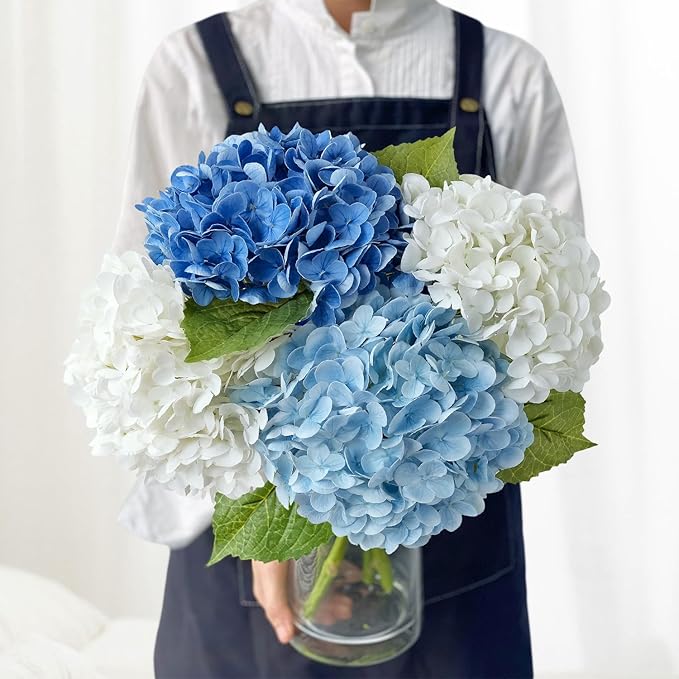 Blue/White Artificial Hydrangeas Silk Flowers, 4Pcs Large Latex Real Touch Lifelike Hydrangea Artificial Flowers,Faux Flowers Bouquet for Halloween Fall Wedding Outdoor Kitchen Table Home