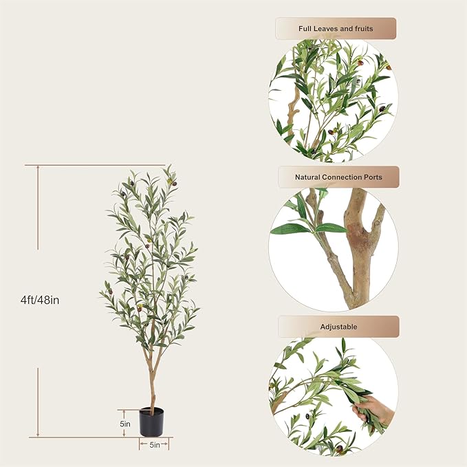 Bellacat Faux Olive Tree 4ft，Olive Trees Artificial Indoor with Natural Wood Trunk and Realistic Leaves and Fruits. 4 Feet(48in) Fake Olive Tree for Home House Office Décor.