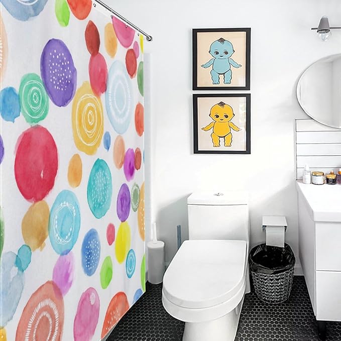 Colorful Shower Curtain for Girls Bathroom, Watercolor Rainbow Cartoon Abstract Circle Polka Dots Splashes Cute for Baby Kids Waterproof Fabric Shower Curtain Set with Hooks, 72"x72" Inch