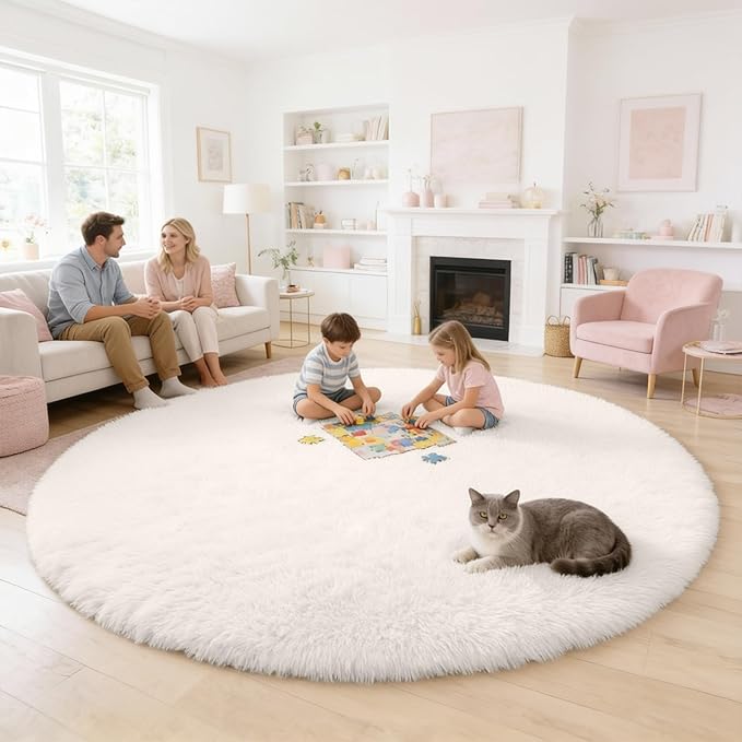 OLANLY Ivory Round Rugs for Bedroom - Machine Washable, 9 ft Circle Area Rugs for Living Room, Soft and Fluffy Shaggy Carpet for Teen Girls and Boys, Nursery Rooms, Dorms, Home Decor Aesthetic