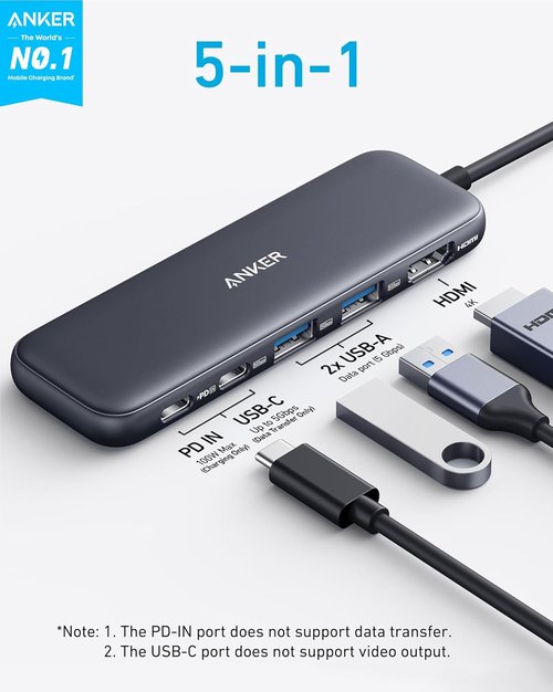 Anker USB C Hub - 5-in-1 USB-C to HDMI Splitter with 4K Display & 3 Data Ports for MacBook Pro/Air