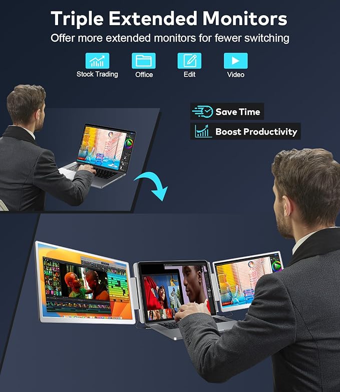 FQQ 15.6" Laptop Screen Extender, Left Screen 360° Flip Triple Screen Monitor Extender, FHD 1080P IPS Portable Travel Monitor Display, fit for 12–18.5" Laptops, Compatible with Windows and MacBook-S10