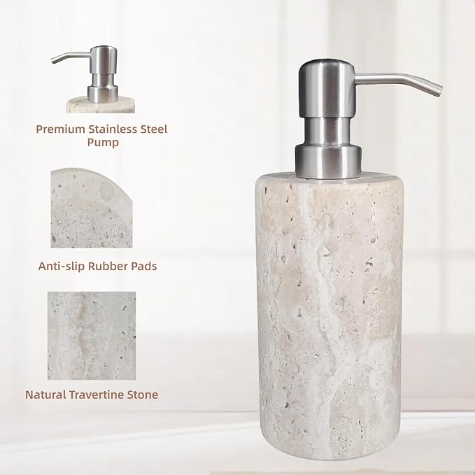 Natural Travertine Marble Soap Dispenser with Stainless Steel Pump, Marble Lotion Liquid Soap Bottles for Kitchen Bathroom