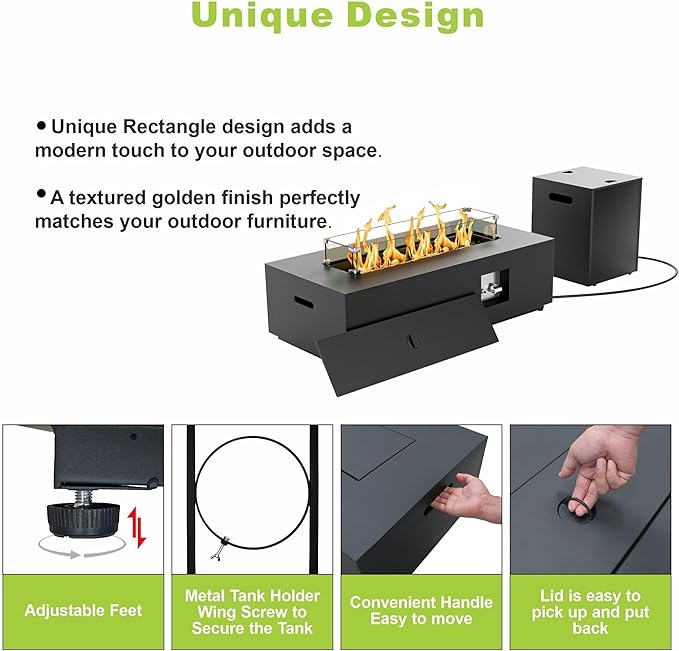 2-Piece 42" LED Rectangular Propane Fire Pit for Outside Patio with Hidden Tank Table, 50,000 BTU Fireplaces with Glass Wind Guard, Lid, Glass Rocks, Cover(Black w/RGB Light)