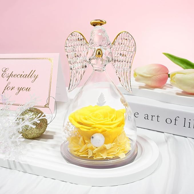 Sunia Preserved Flower Rose Gift for Women - Mother's Day Birthday Gifts for Mom Wife Grandma, Glass Angel Figurines Forever Real Roses Gifts for Her Valentine Day Thanksgiving﻿ (Yellow)