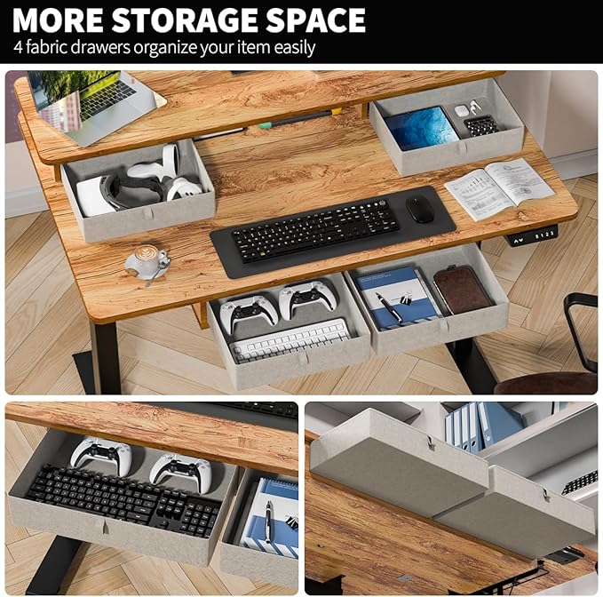 Kingant Standing Desk with Fast Charging USB Ports, 48" x 30" Height Adjustable Home Office & Gaming Desk, Sit Stand Desk with Built-in Storage Shelf, Hook & Ergonomic Design(Light Rustic)