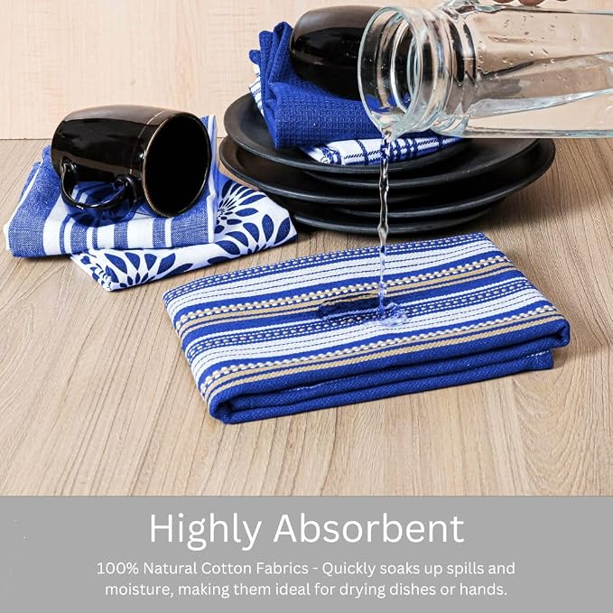 WeWove Assorted Kitchen Towels Set of 5-100% Cotton Dish Cloths Towels with Hanging Loop - Soft Absorbent Washable Reusable for Kitchen Use - Quick Drying 16x26 inch Dish Towels Blue