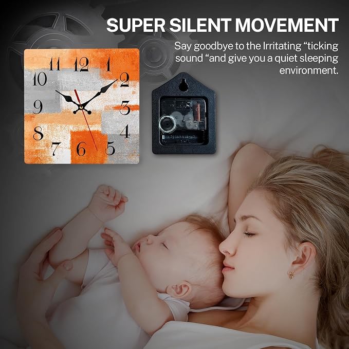 ArtSocket Wooden Wall Clock Silent Non-Ticking, Abstract Orange Grey Geometric Minimalist Checkered Square Rustic Wall Clocks Decor for Home Kitchen Living Room Office, Battery Operated(12 Inch)