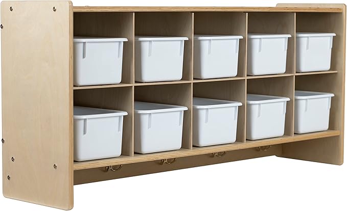 Montessori 10 Section Wall Cubbies, Hanging Cubby Home-School Organizer Shelf with White Storage Bins and Hooks, Kids Friendly, Built to Last