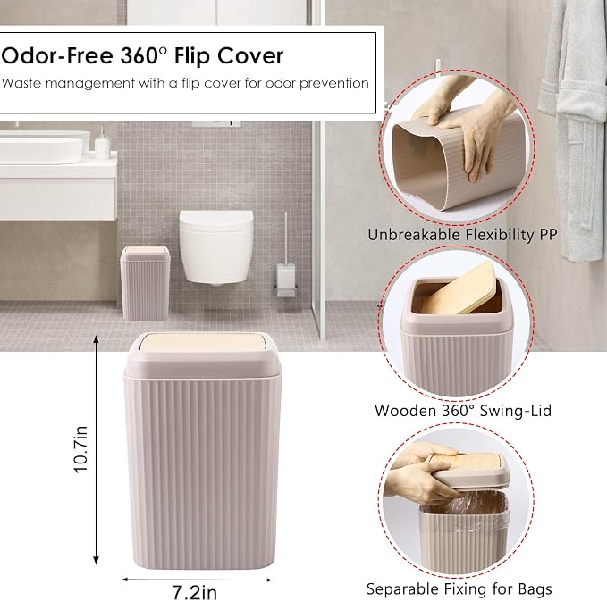 Beige Bathroom Accessories Set, 10 Pieces Bamboo Bathroom Set with Trash Can, Tray, Soap Dispenser, Soap Dish, Toothbrush Holder, Toothbrush Cup, Tissue Holder, Toilet Brush and Qtip Holders