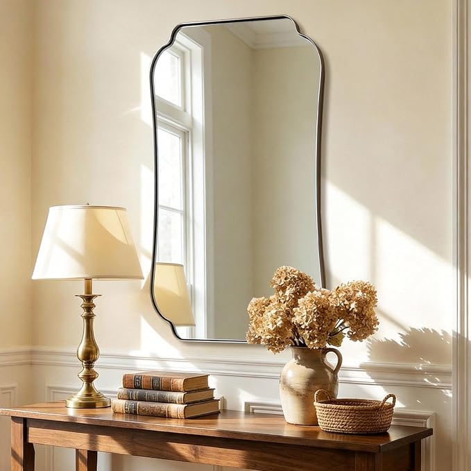 ANDY STAR 30x48 Brushed Nickel Mirror, Large Silver Scalloped Bathroom Wall Mirror with Metal Frame for Vanity, Vintage Scalloped Edge Design with Anti-Rust SUS Frame