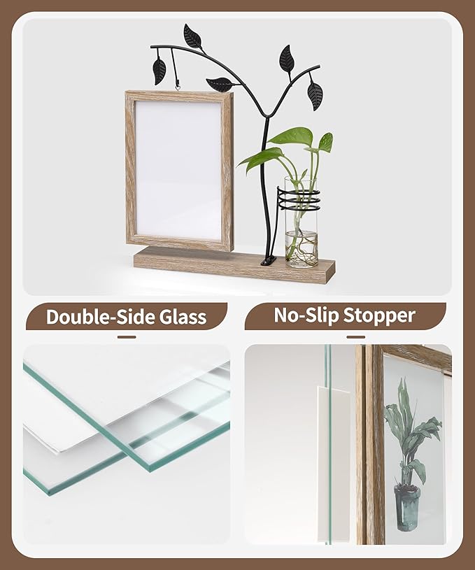 Afuly 5x7 Picture Frame with Glass Vase for Plants Flowers, Desk Picture Frames Floating Photo Frame for Office Home Decor, Unique Anniversary Mothers's Day Gifts for Grandma Mom, Light Brown