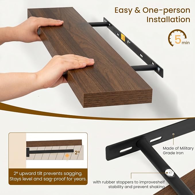 Dreamland Floating Shelves for Wall, 27.5 Inch Long Shelves, Wall Decor for Bedroom, Kitchen, Living Room & Book Storage, Mounted Floating Shelf with Invisible Brackets, Set of 2, Walnut