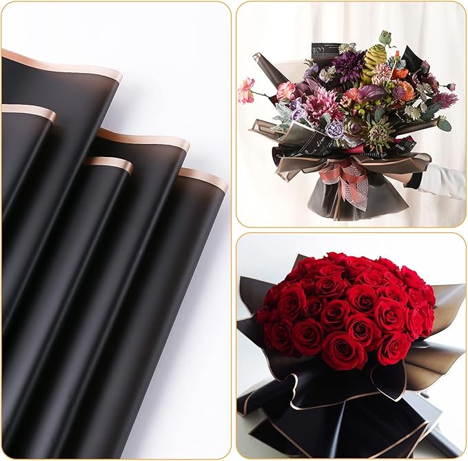FUSHENMU 20 Sheets Double Sided Black Flower Wrapping Paper - Waterproof Florist Wrap for Bouquet Supplies, DIY Crafts, Gift Packaging