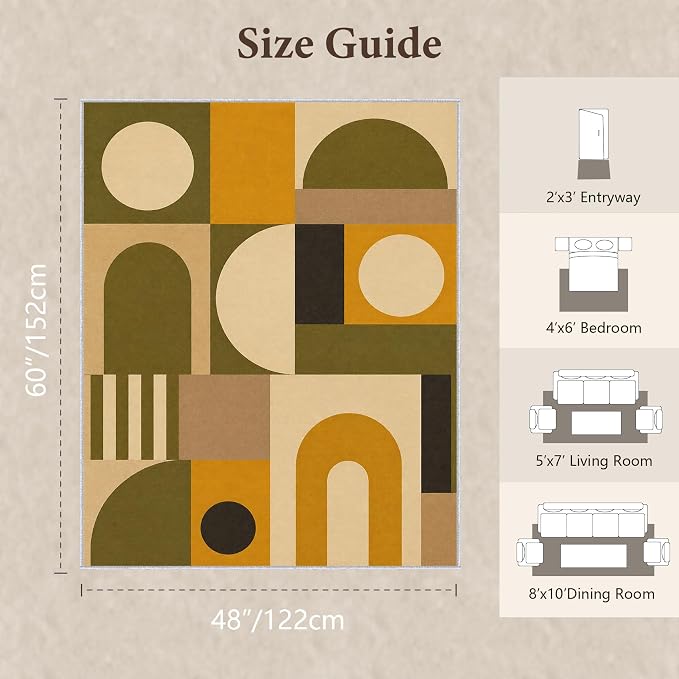 Olive Bauhaus Area Rug 4x5, Mid Century Modern Geometric Rug, Mustard Green Abstract Color Block Washable Low Pile Non Slip Rug for Living Room Bedroom