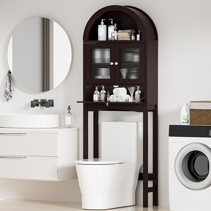 Spurgehom Over The Toilet Storage Cabinet, Bathroom Shelf Organizer Freestanding, Bathroom Arch Cabinet Over Toilet with Glass Door and Anti-Tipping Device, Coffee