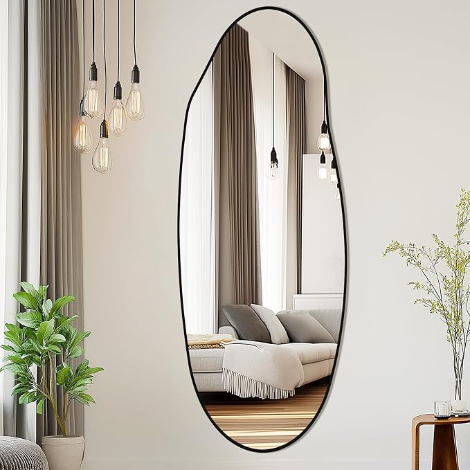 Mirrorons Irregular Wall Mirror 63×24, Black Asymmetrical Bathroom Mirror, Oval Aesthetic Mirror, Full Length Mirrors, Shatterproof Black Bathroom Mirrors