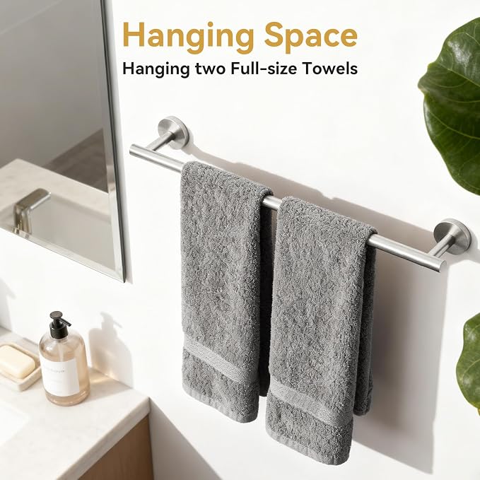 Brushed Nickel Towel Bar, 24 Inch Bathroom Towel Rack, Towel Holder Wall Mounted, Thicken SUS304 Stainless Steel Towel Rod Modern Home Decor (Total Length 26 Inch)