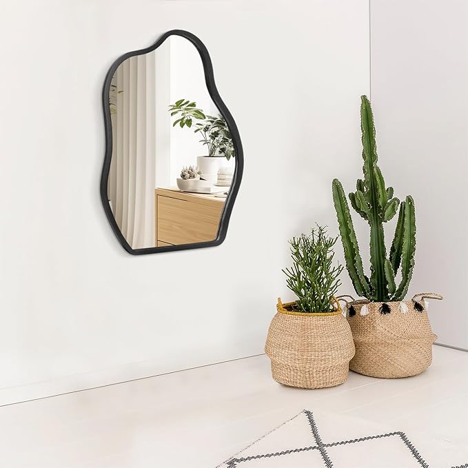 Irregular Mirror for Wall Decor Asymmetrical Wooden Framed Wall Mirror Modern Unique Shape Vanity Artistic Cloud Mirror Decorative for Living Room Bedroom Bathroom Entryway Black