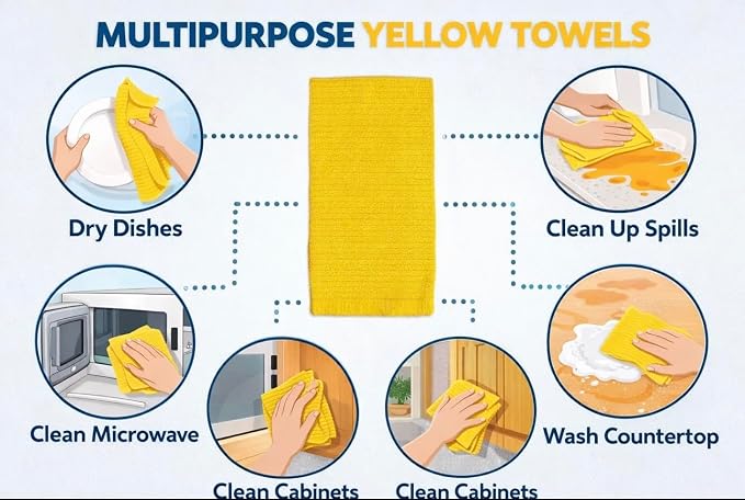 Serafina Home Yellow Kitchen Towels: 100% Cotton Soft Absorbent Ribbed Terry Loop, Set of 3 Multipurpose for Everyday Use Oversized 18" x 28" (Tuscan Lemon)
