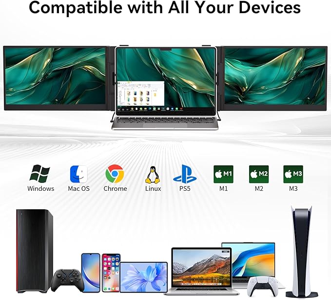 14" Triple Laptop Screen Extender, Ultra-Thin Lightweight FHD 1080P IPS Laptop Monitor Extender Portable, Extended Screen for Laptops 13-17.3" Compatible with Wins Mac Chrome Dex Phone Travel Work