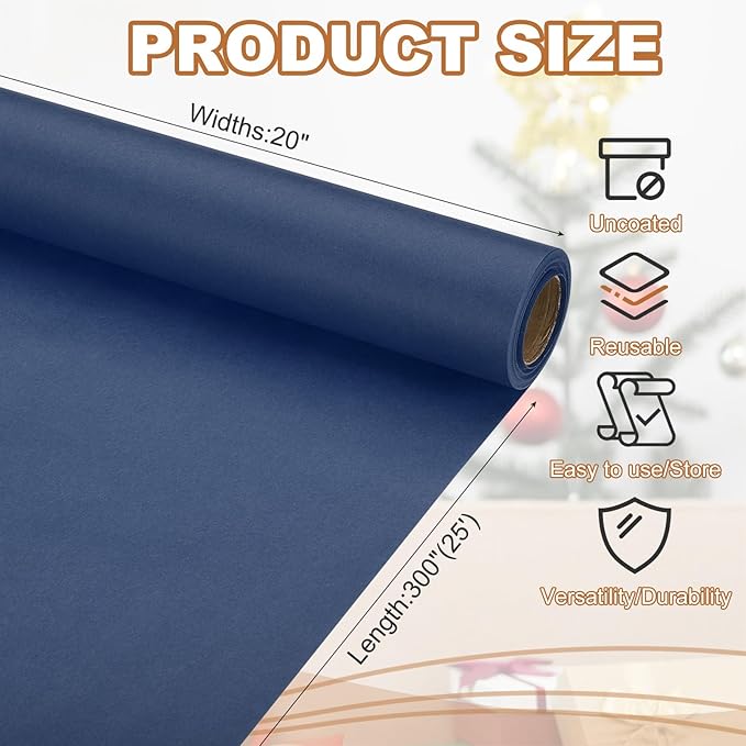 PATIKIL Wrapping Paper, 20" x 300"(25') 70 GSM Craft Paper Roll Kraft Packing Paper for Poster Bulletin Board, Gift Wrapping, Navy Blue