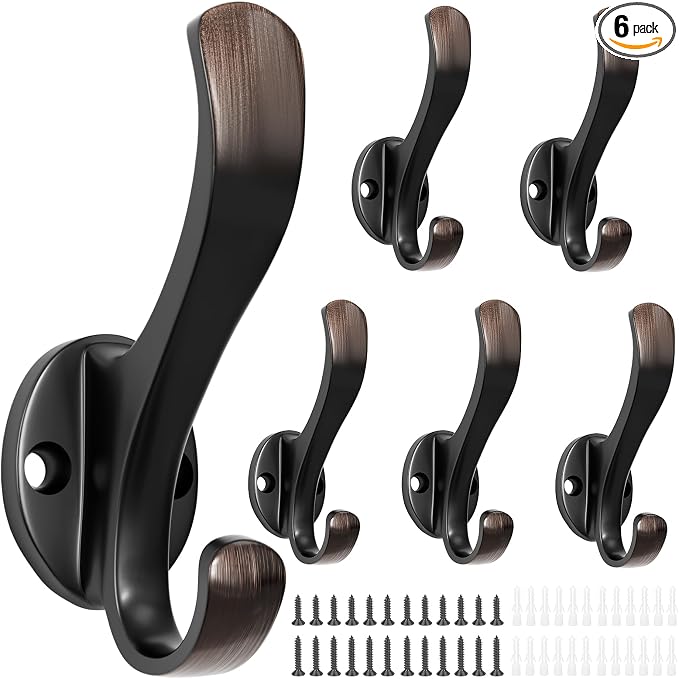 Coat Hooks Heavy Duty - Easy to Install Metal Towel Hooks Screw-in Wall Hooks for Hanging Hat, Towel, Key, Robe, Scarf, Bag, Cap (6 PCS Retro)