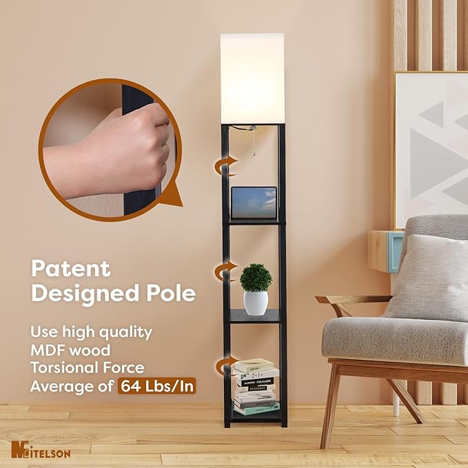 Floor Lamp with Shelves and USB, USB-C & Power Outlets, Shelf Lamp with Charging Station, Modern Square Lamps for Living Room, Tall Standing Floor Lamp for Bedroom and Office, Black
