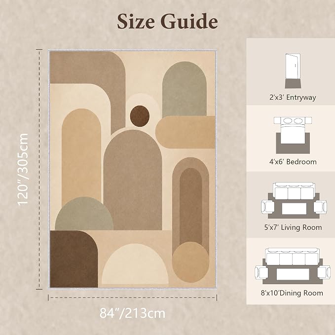 Neutral Geometric Area Rug 7x10, Mid Century Modern Abstract Rug, Soft Taupe Beige Color Block Washable Low Pile Non Slip Rug for Living Room Bedroom
